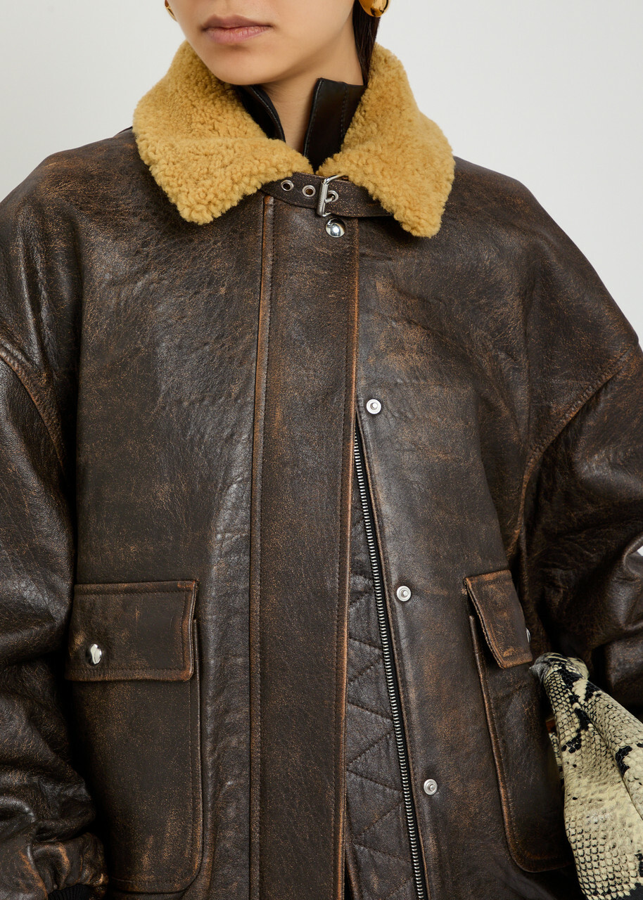 Khaite Sandor Shearling-collar Leather Jacket Dark Brown