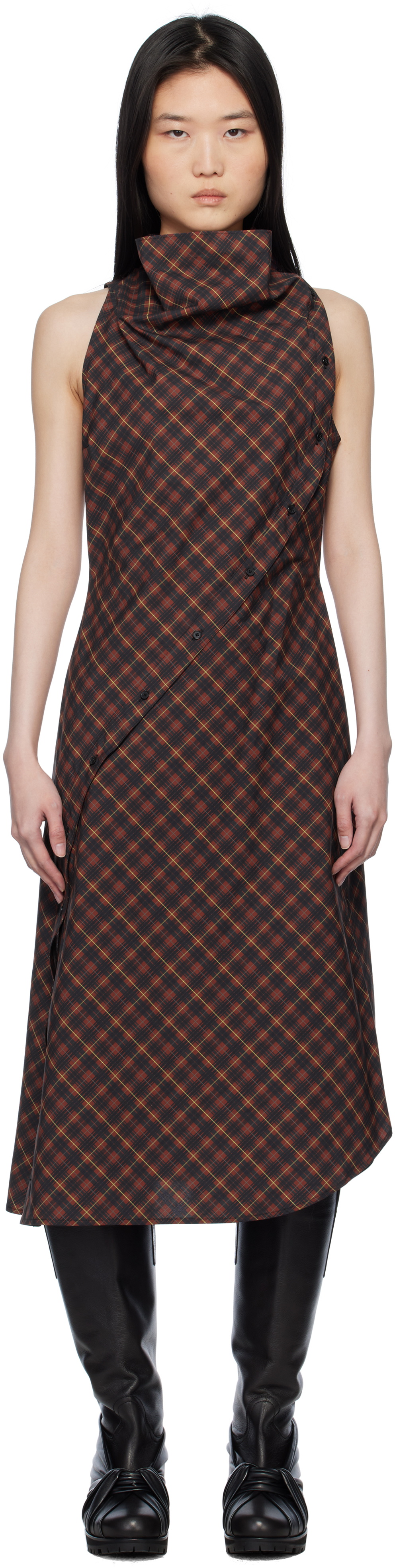 Pushbutton Red Halter Sleeveless Midi Dress