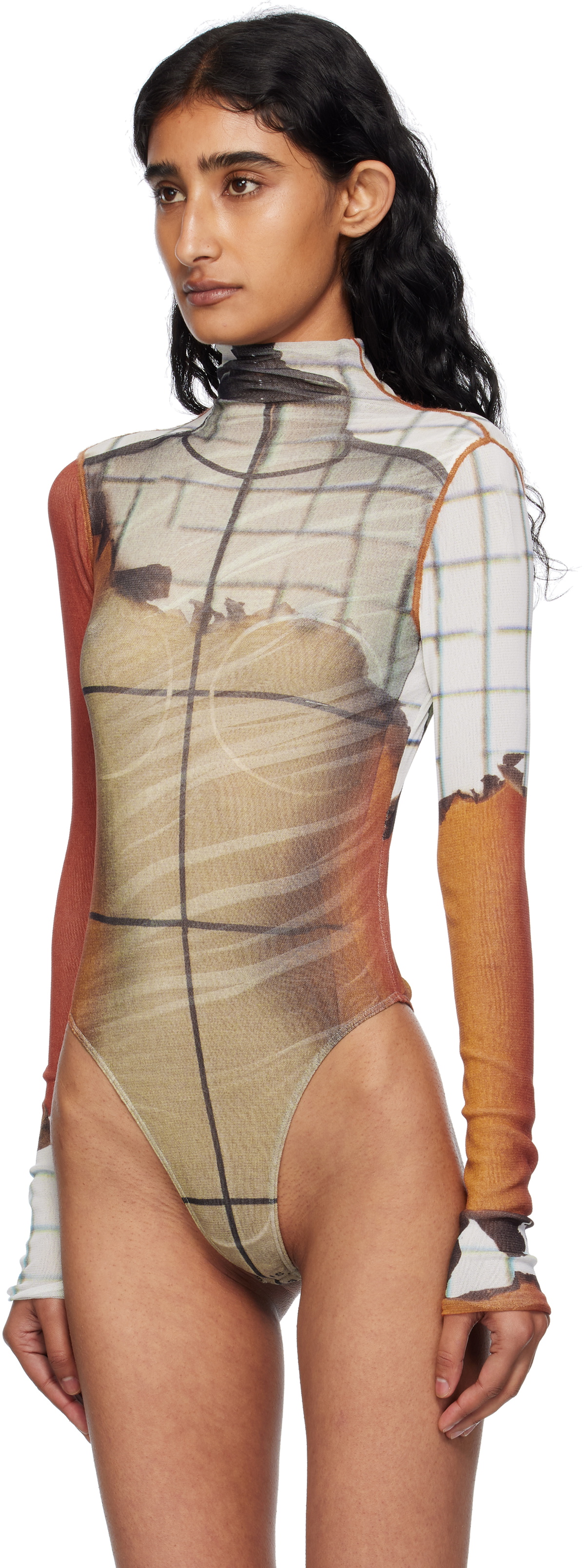 Jean Paul Gaultier Orange & White Long Sleeves Twisted Printed Fire Bodysuit