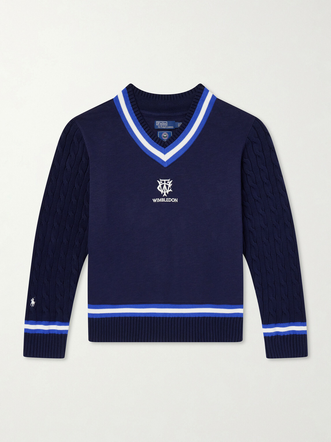 Polo Ralph Lauren - Wimbledon Logo-Embroidered Cable-Knit Cotton-Blend Fleece Sweater - Blue