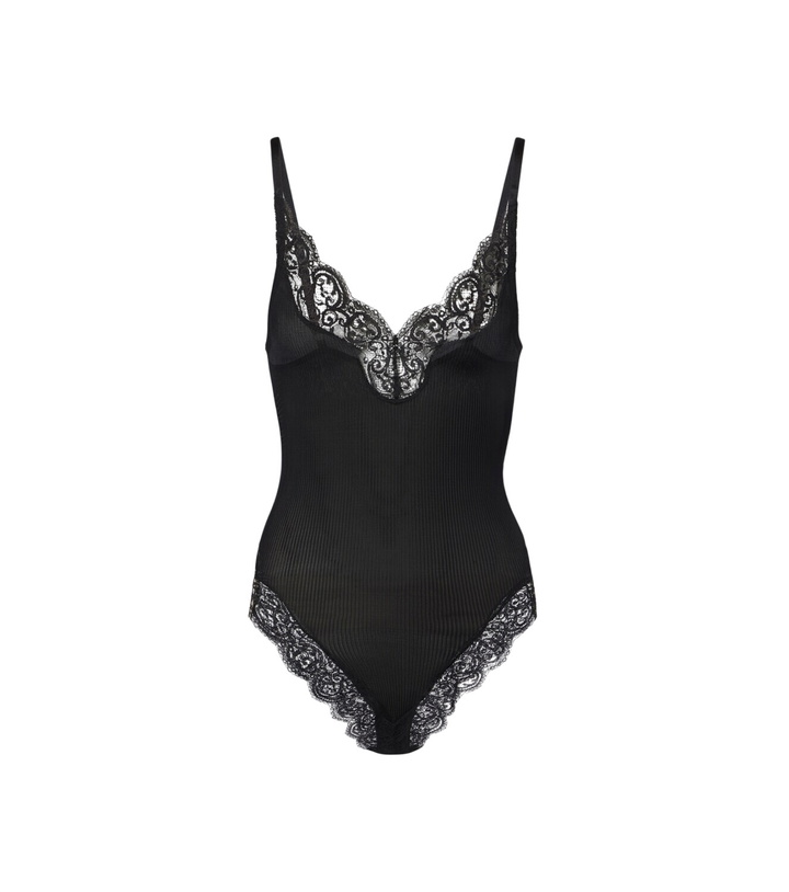 Photo: Saint Laurent Lace-trimmed ribbed-knit silk bodysuit