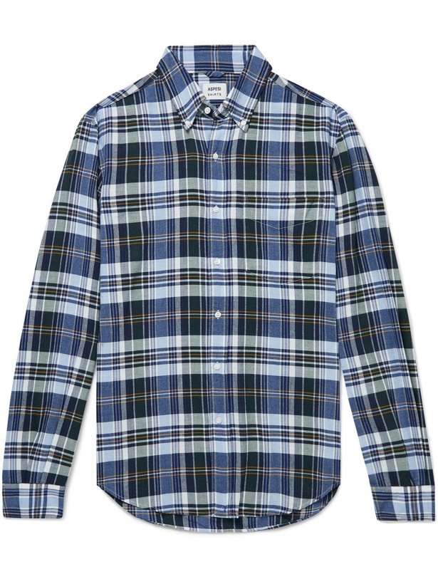 Photo: Aspesi - Button-Down Collar Checked Cotton Shirt - Blue