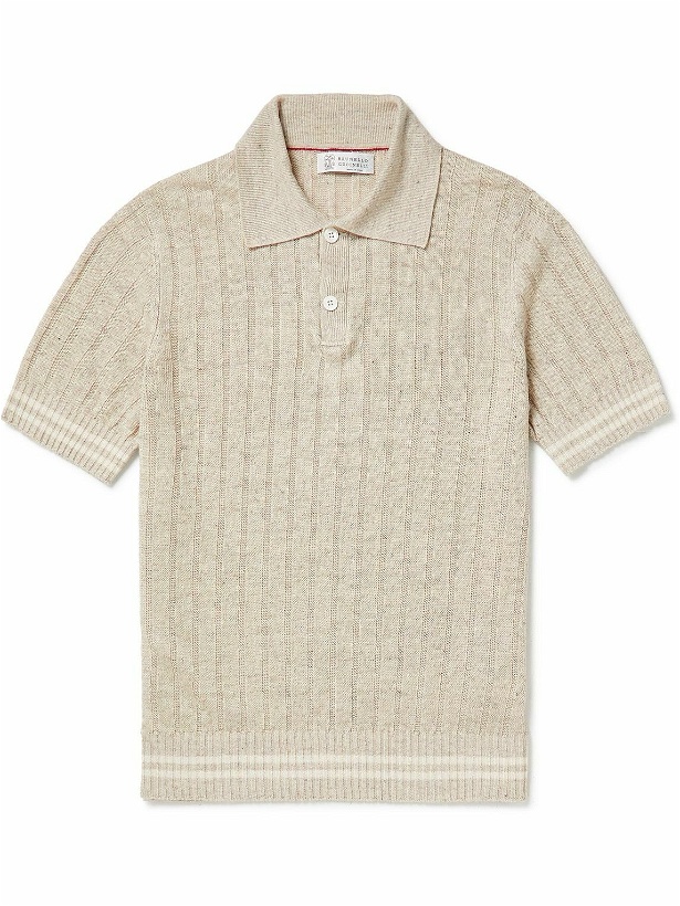 Photo: Brunello Cucinelli - Ribbed Striped Linen and Cotton-Blend Polo Shirt - Neutrals