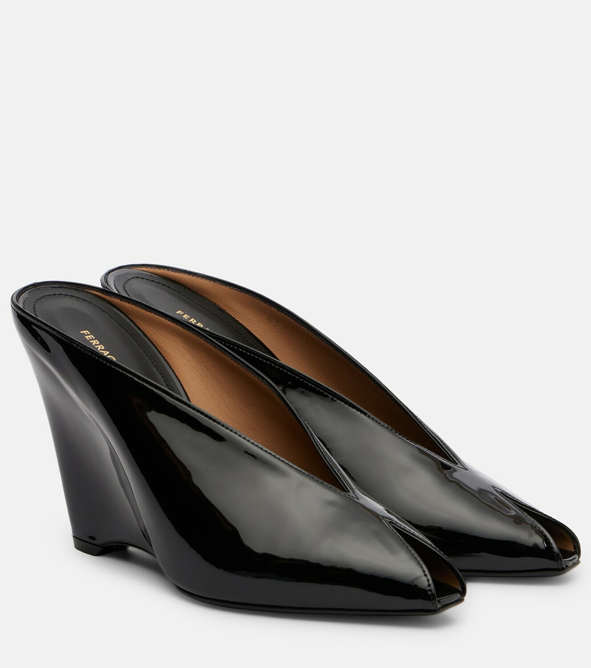 Ferragamo Alicia 95 patent leather wedge mules