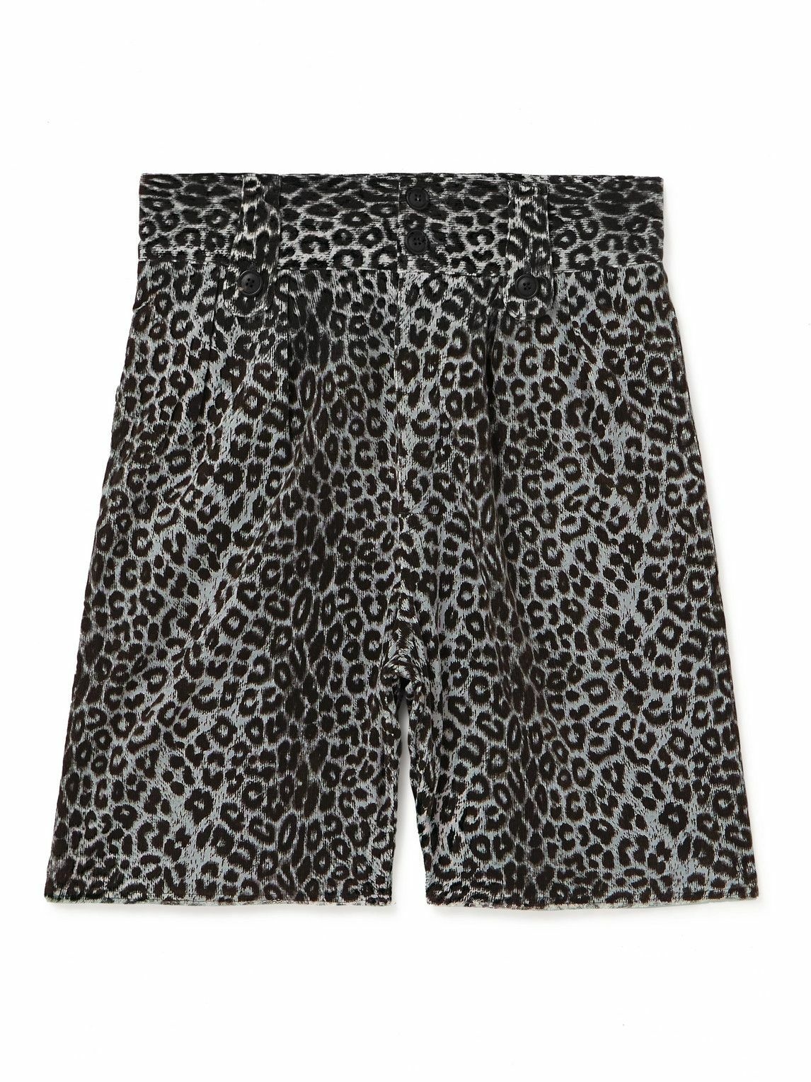 Photo: Visvim - Coronel Wide-Leg Leopard-Print Cotton and Linen-Blend Corduroy Shorts - Black