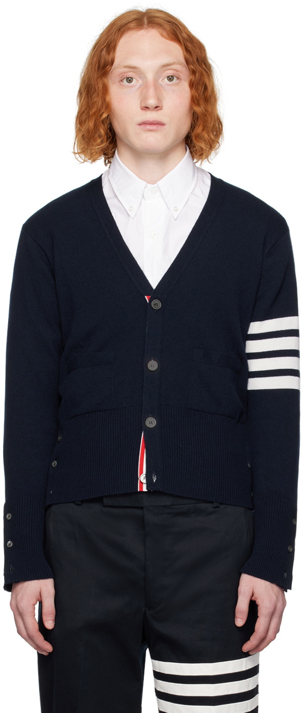 THOM BROWNE 4bar cotton Line V-neck cardigan tops MJT167A-00535415 Navy