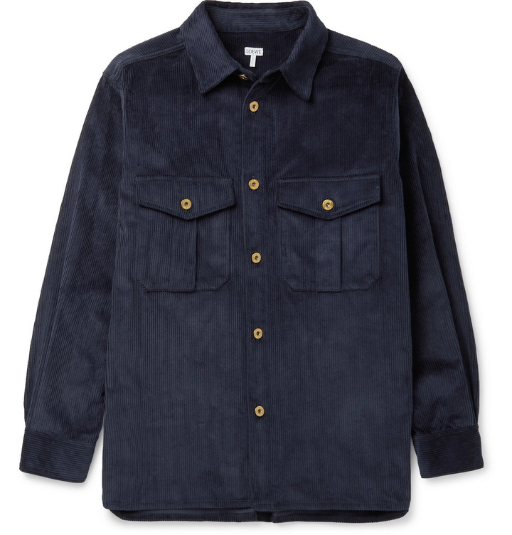 Photo: LOEWE - Logo-Appliquéd Cotton-Corduroy Overshirt - Blue