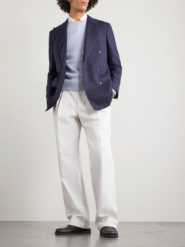 Photo: Dunhill - Cable-Knit Cashmere and Linen-Blend Sweater - Blue