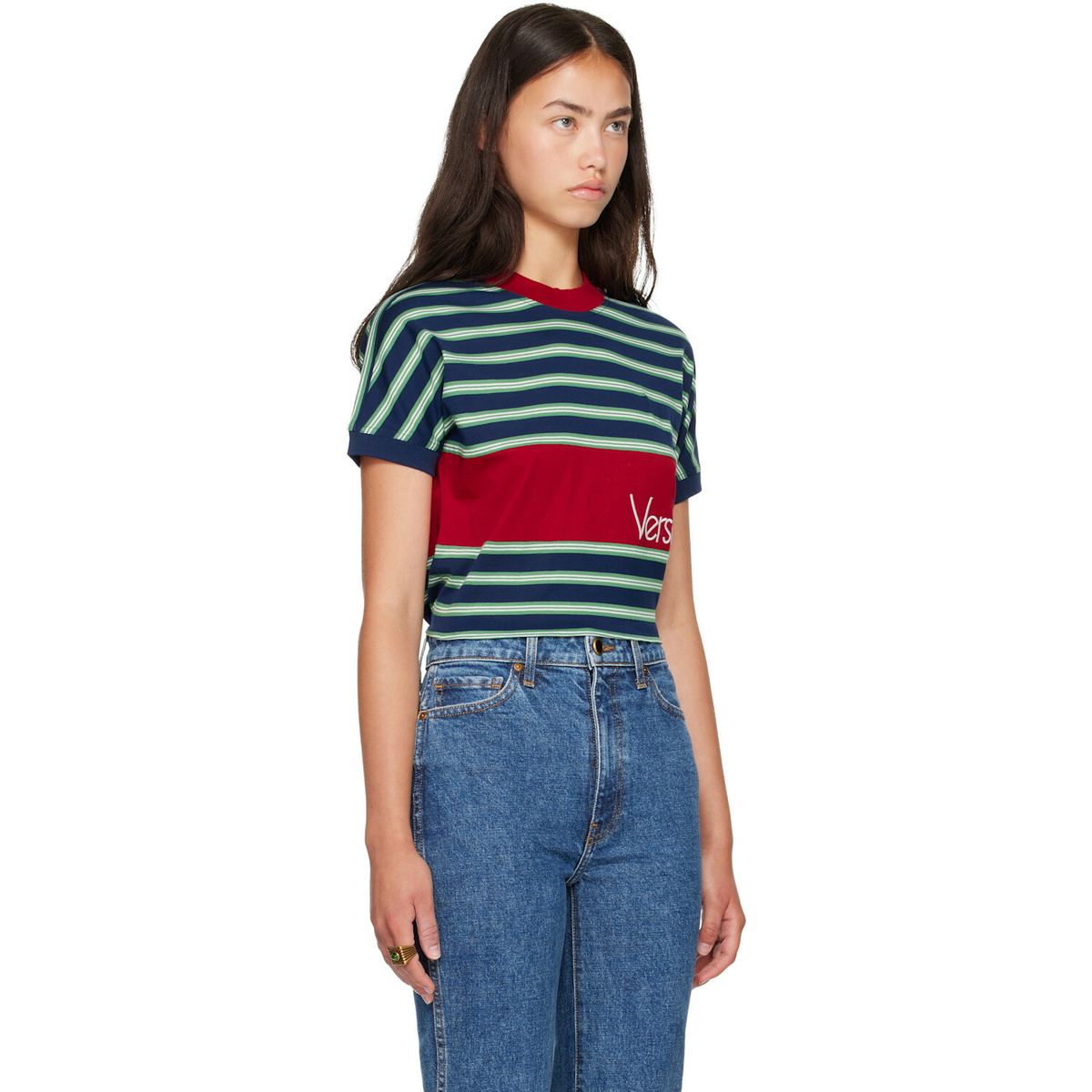 Versace Blue & Red Embroidered-Logo Striped-Intarsia Cotton T-shirt