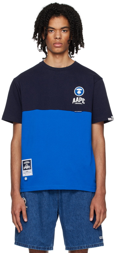 Photo: AAPE by A Bathing Ape Navy & Blue Moonface Paneled T-Shirt