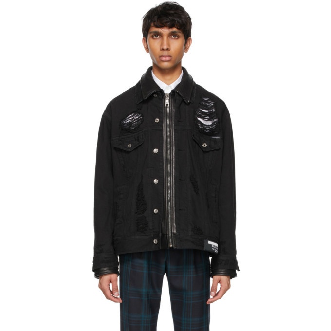 Photo: Dolce and Gabbana Black Denim and Leather Combined Variant Jacket