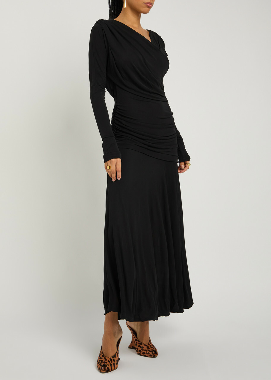 Ganni Ruched Wrap-effect Mesh Maxi Dress Black