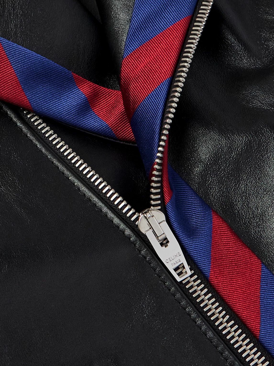CELINE - Belted Striped Twill-Trimmed Leather Biker Jacket - Black