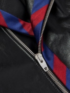 CELINE - Belted Striped Twill-Trimmed Leather Biker Jacket - Black