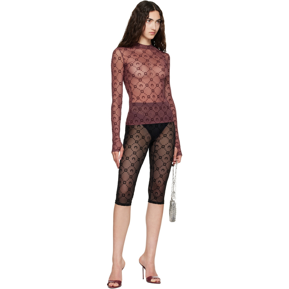 Marine Serre Burgundy Moonogram Flock LS Highneck Top