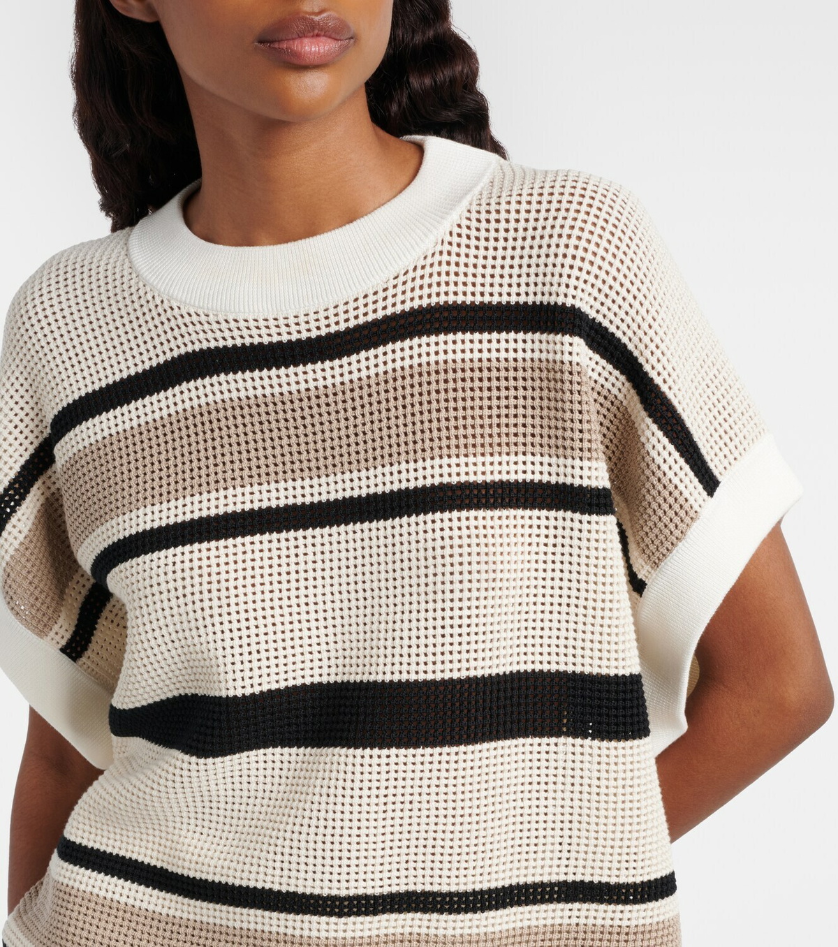 Brunello Cucinelli Open-knit striped cotton top