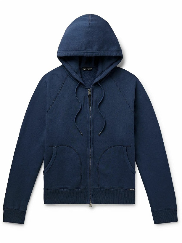 Photo: TOM FORD - Garment-Dyed Cotton-Jersey Zip-Up Hoodie - Blue