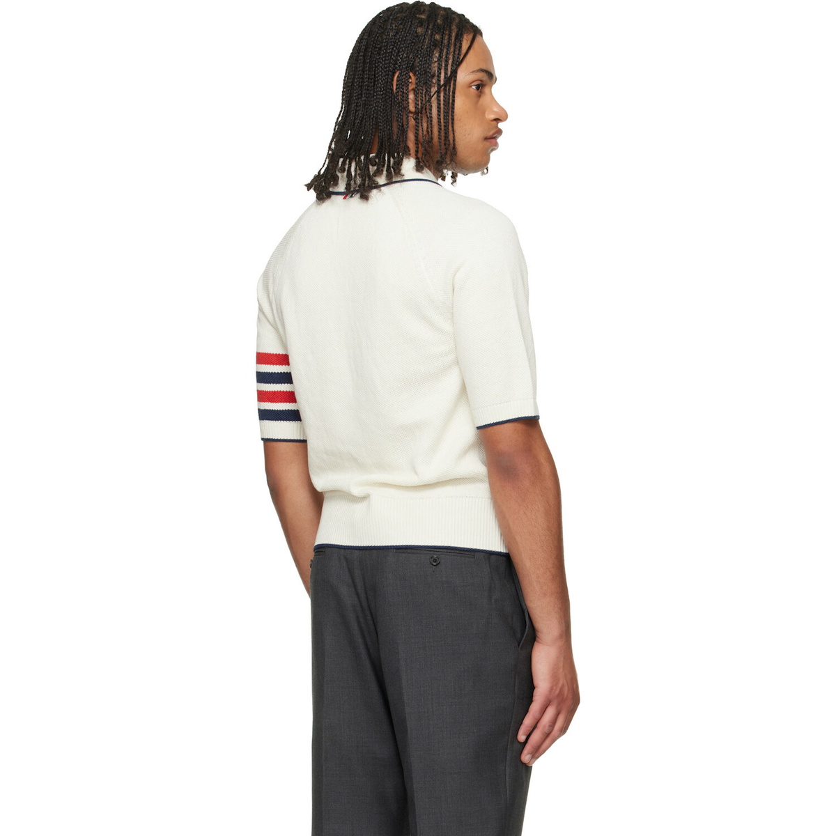 Thom Browne White Linen Cotton 4-Bar Relaxed Fit Polo