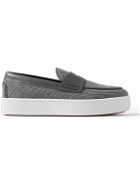Christian Louboutin - Paqueboat Leather-Trimmed Linen-Canvas Penny Loafers - Gray