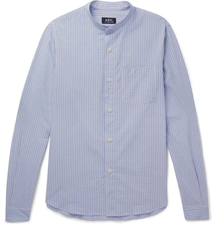 Photo: A.P.C. - Robinson Grandad-Collar Striped Cotton-Seersucker Shirt - Men - Blue