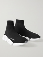 BALENCIAGA - Speed 2.0 Logo-Print Stretch-Knit Slip-On Sneakers - Black