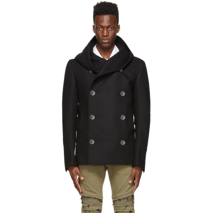 Photo: Balmain Black Wool Hooded Pea Coat