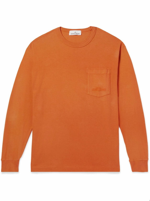 Photo: Stone Island - Logo-Embroidered Garment-Dyed Cotton-Jersey T-Shirt - Orange