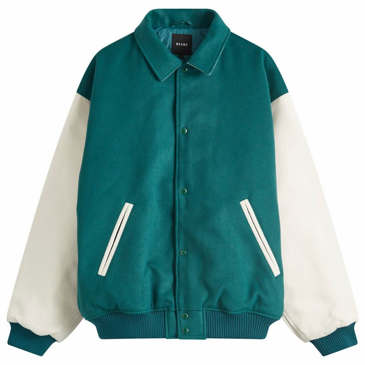 BEAMS Men's Fleece Stadium Coach Jacket in Green/Off White BEAMS Men's Fleece Stadium Coach Jacket in Green/Off White