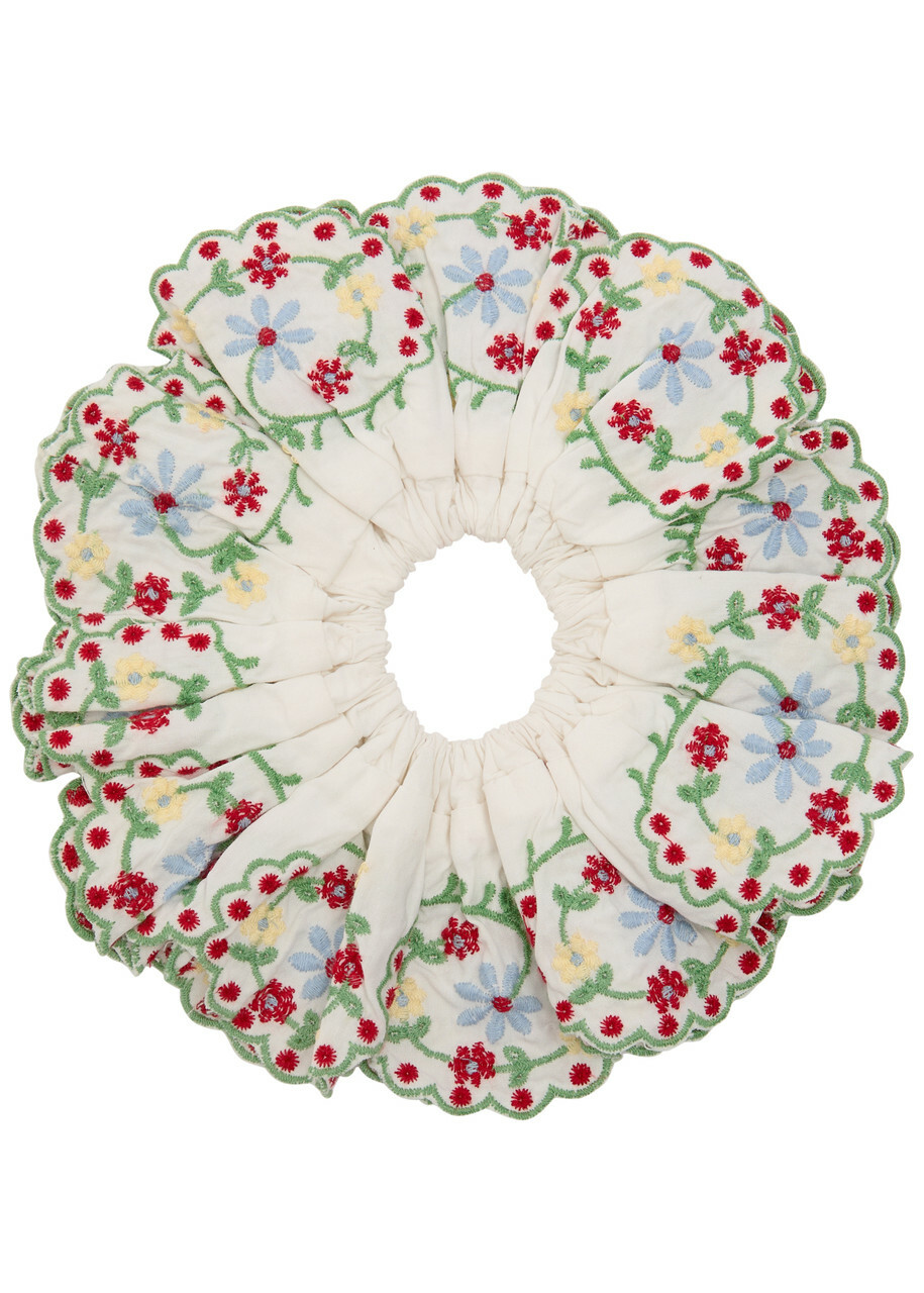 Damson Madder Lulu Floral-embroidered Cotton Scrunchie - White - One Size