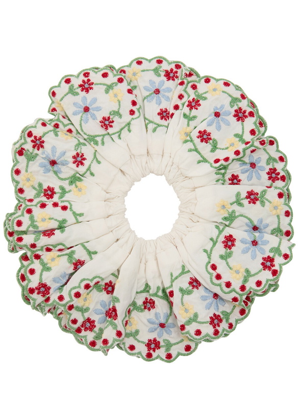 Photo: Damson Madder Lulu Floral-embroidered Cotton Scrunchie - White - One Size