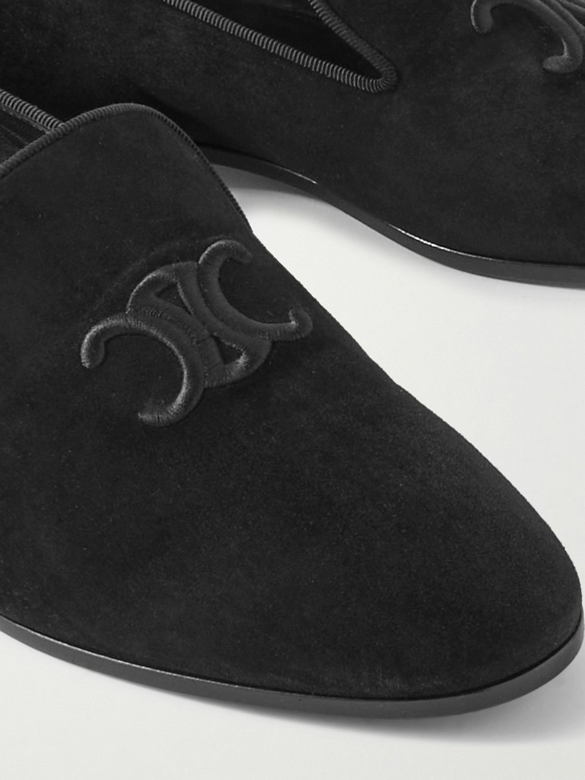 CELINE - Logo-Embroidered Grosgrain-Trimmed Suede Loafers - Black