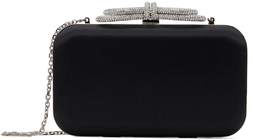 MACH & MACH Black Double Bow Satin Clutch