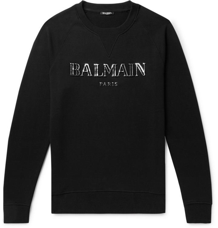 Photo: Balmain - Metallic Logo-Print Loopback Cotton-Jersey Sweatshirt - Black