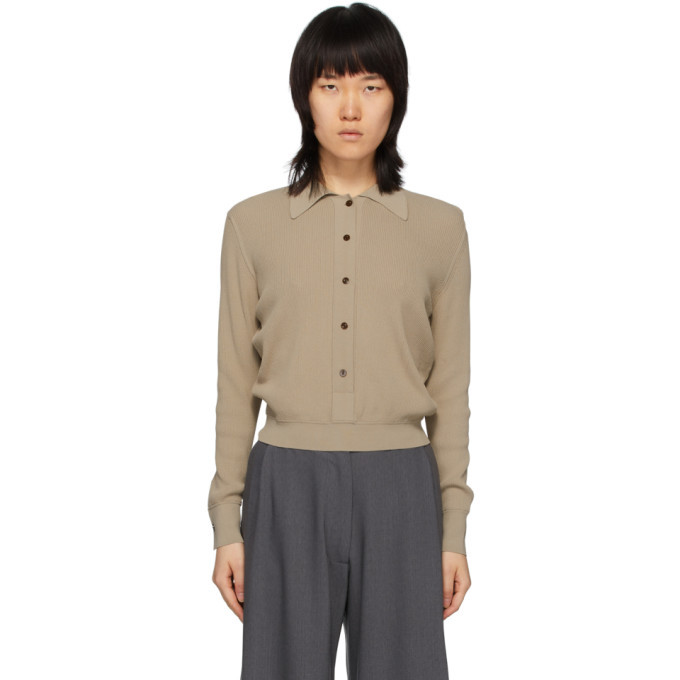 Photo: Eftychia Beige Rib Deep Polo Cardigan