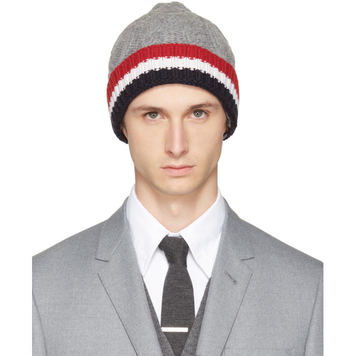 Photo: Thom Browne Grey and Tricolor Merino Aran Cable Beanie