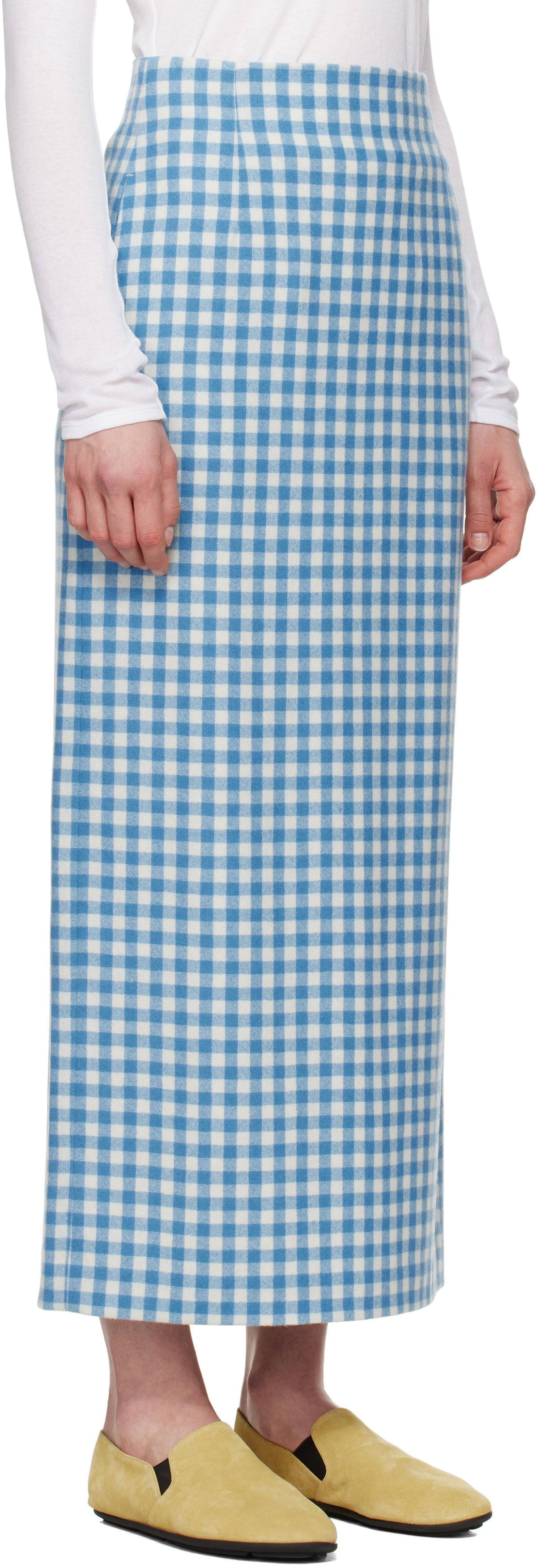 AURALEE AIRY SMOOTH CASHMERE SKIRT チェック AURALEE Blue & White Airy Smooth Cashmere Maxi Skirt Auralee