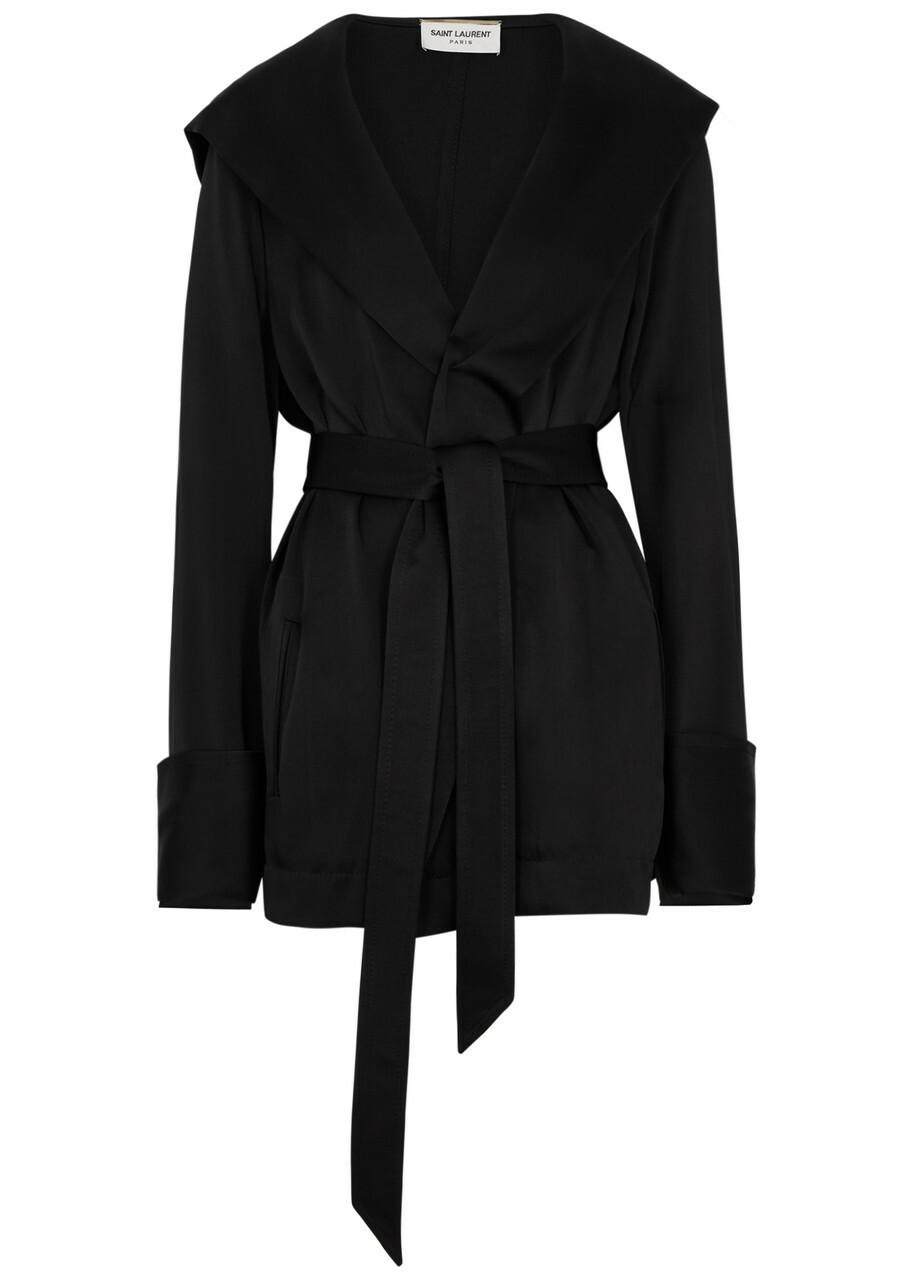 Saint Laurent Women's Black Belted Hooded Satin Wrap Jacket