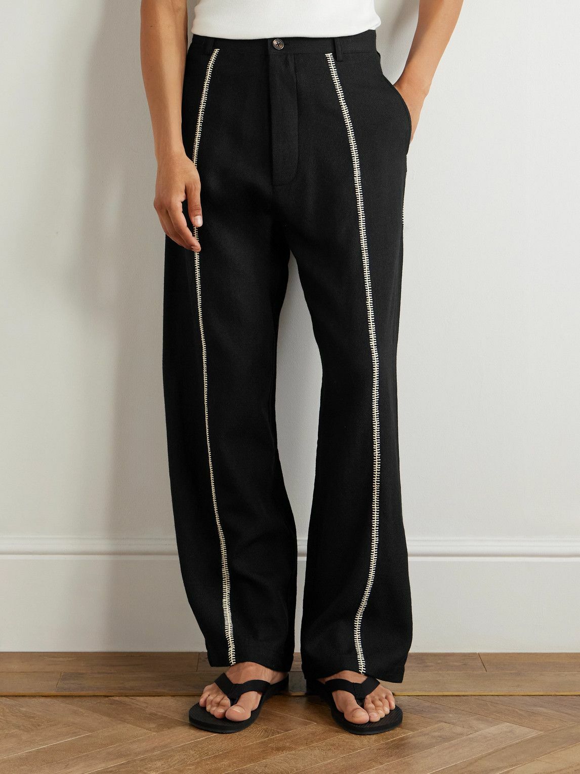 Kartik Research - Manari Straight-Leg Embroidered Textured-Wool Trousers - Black