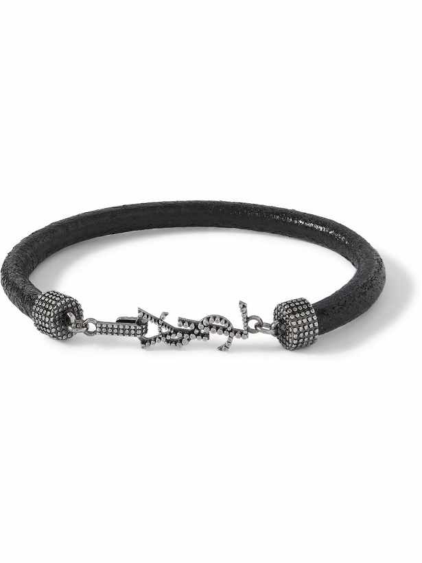 Photo: SAINT LAURENT - Logo-Embellished Textured-Leather and Silver-Tone Bracelet - Black