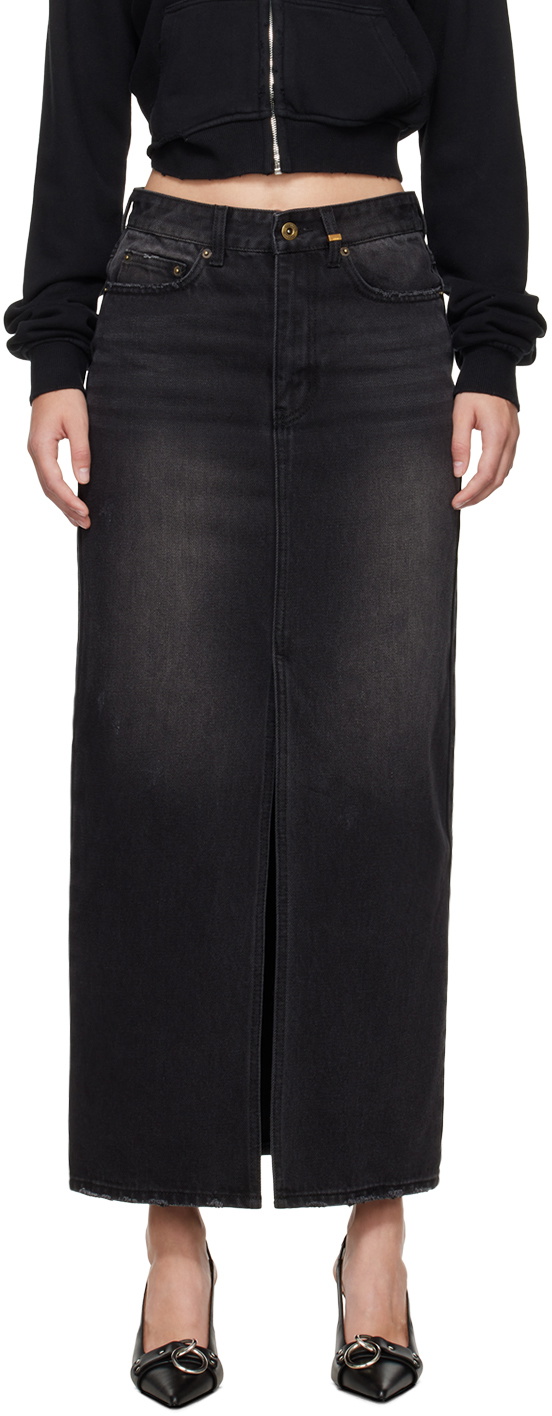 We11done Black Washed Denim Maxi Skirt