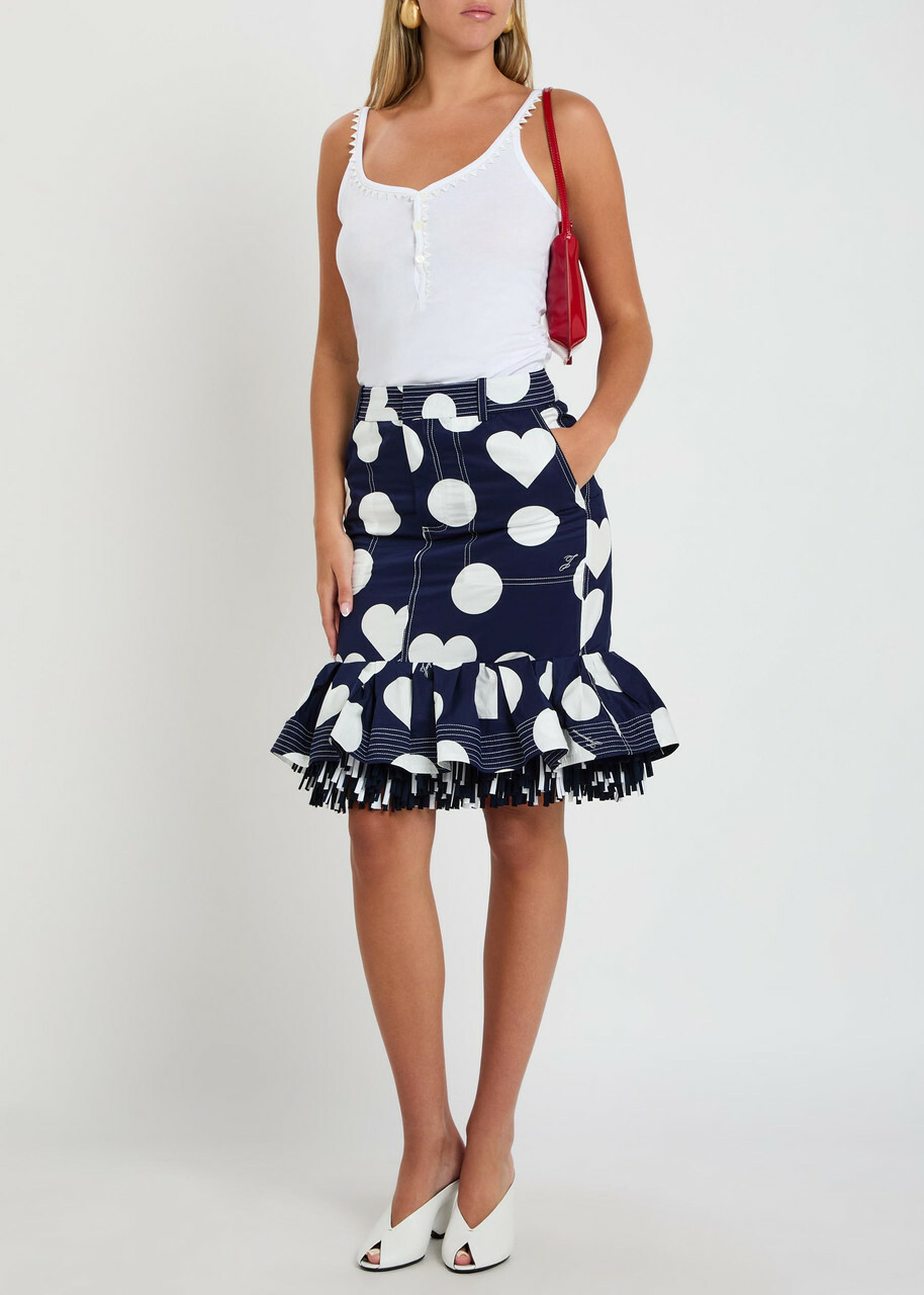 Jacquemus La Jupe Cabana Polka dot Fringed Cotton Knee-length Skirt Navy