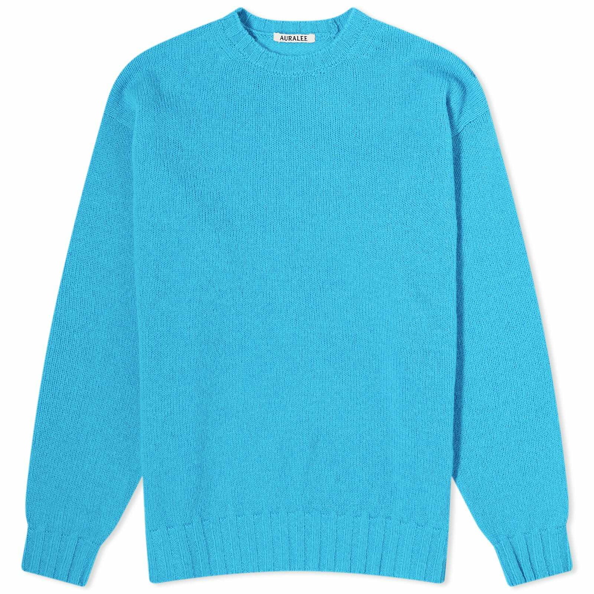 Auralee Men's Shetland Wool Cashmere Crew Knit in Turquoise Blue