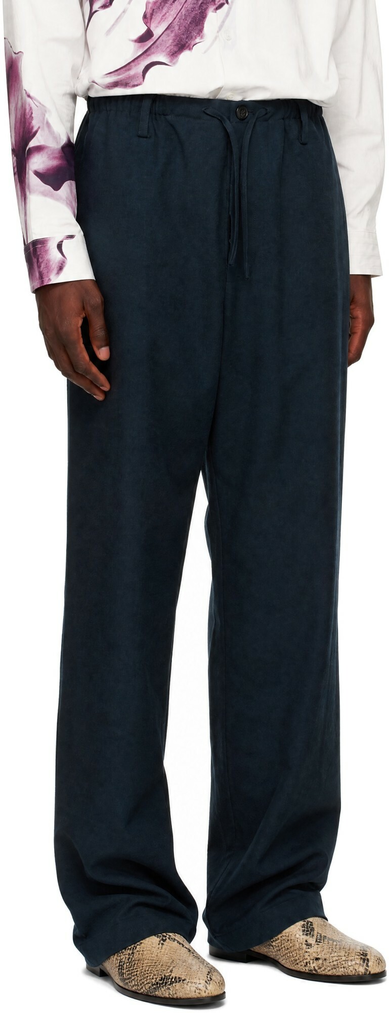 Dries Van Noten Navy Wool Drawstring Trousers