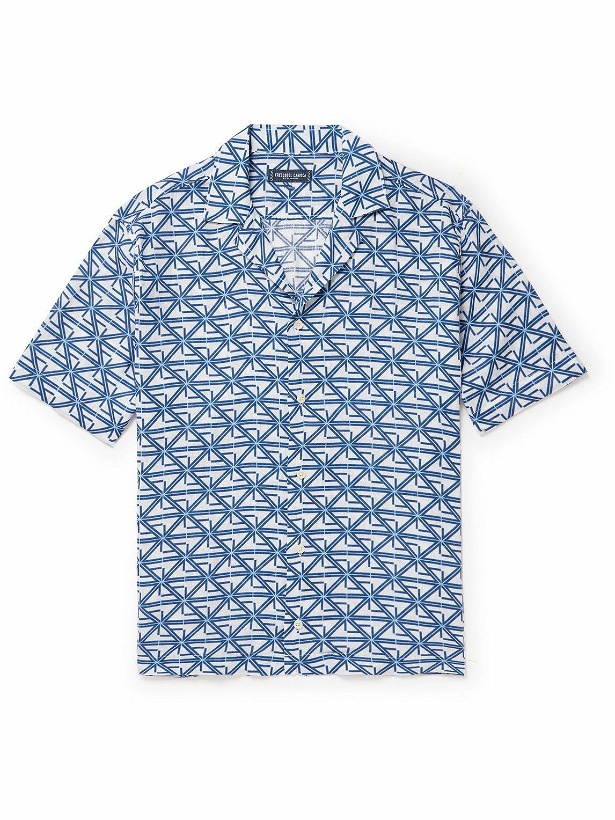 Photo: Frescobol Carioca - Roberto Camp-Collar Printed Linen Shirt - Blue