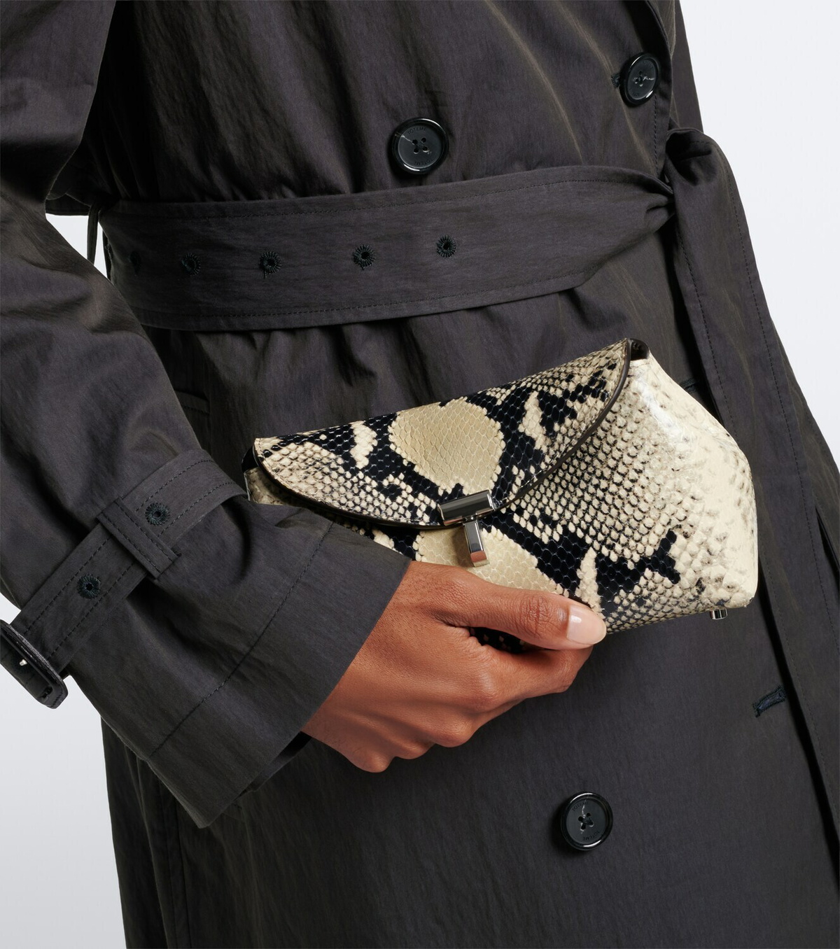 Toteme T-Lock Mini snake-effect leather clutch