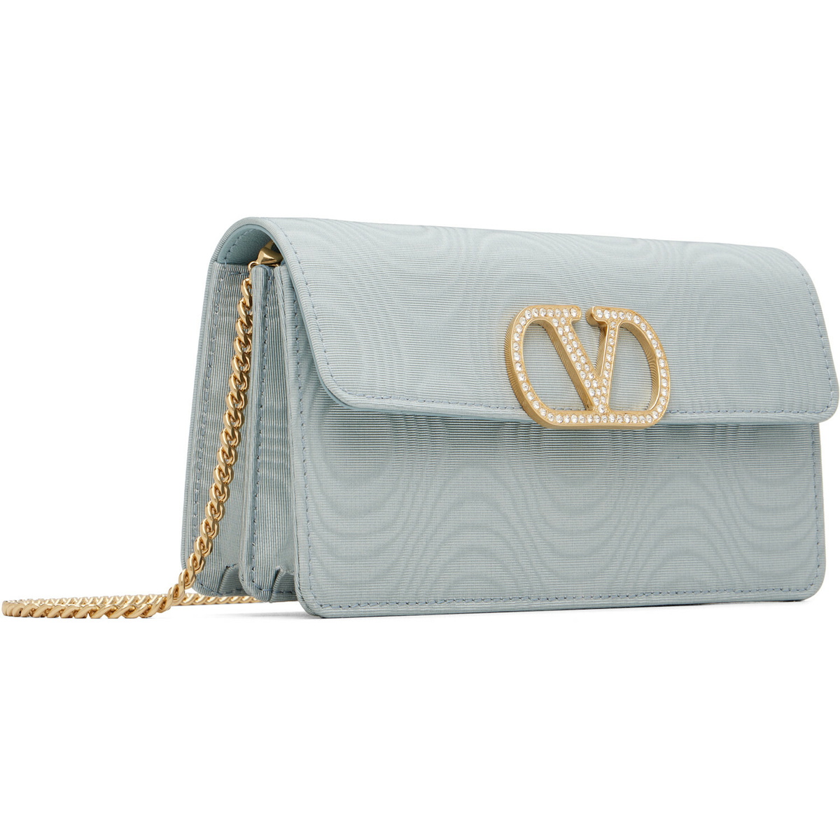 Valentino Garavani Blue VLogo Signature Chain Moiré Fabric Wallet Bag