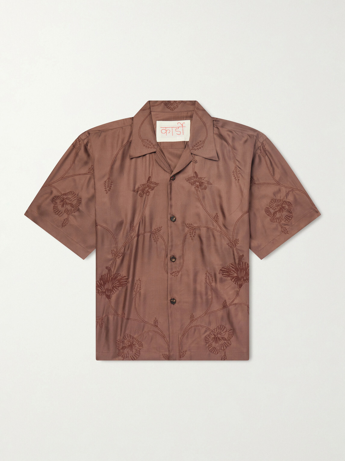 Kardo - Rohit Convertible-Collar Floral-Embroidered Silk-Satin Shirt - Brown