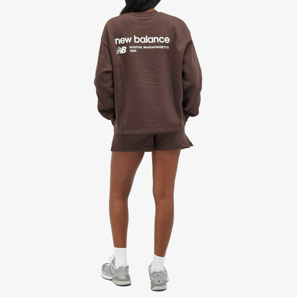 New Balance Women's Linear Heritage Brushed Back Fleece Crewneck in Black Coffee