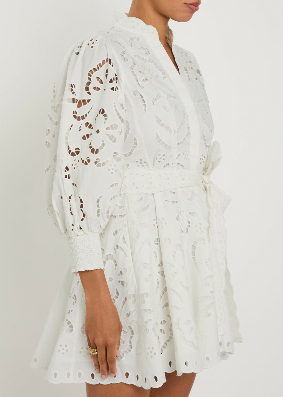 Alice + Olivia Lucy Embroidered Cotton Mini Shirt Dress White