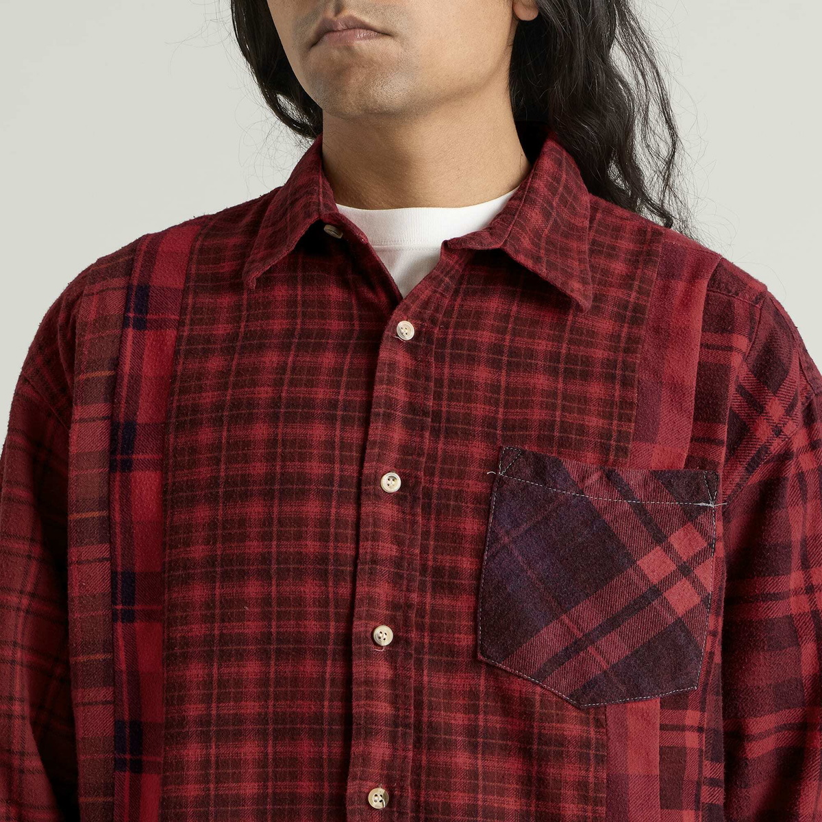 Needles Men's 7 Cuts Overdyed Flannel Shirt in Red